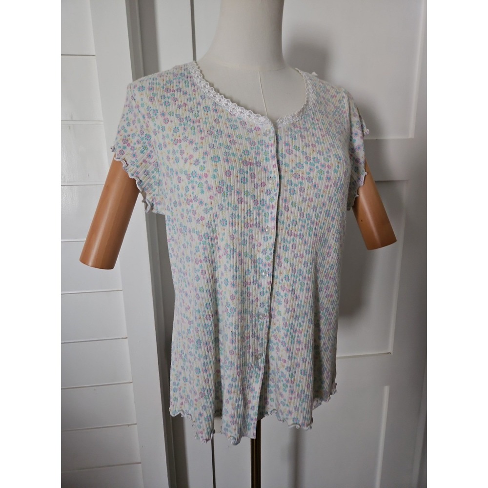 Aria Floral Ribbed Knit Button Down Pajama Top Small Blue Lace Trim Short Sleeve